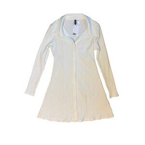 H&M Divided NWT Ribbed Front Buttons Collared Swing Dress Bodycon Size L White